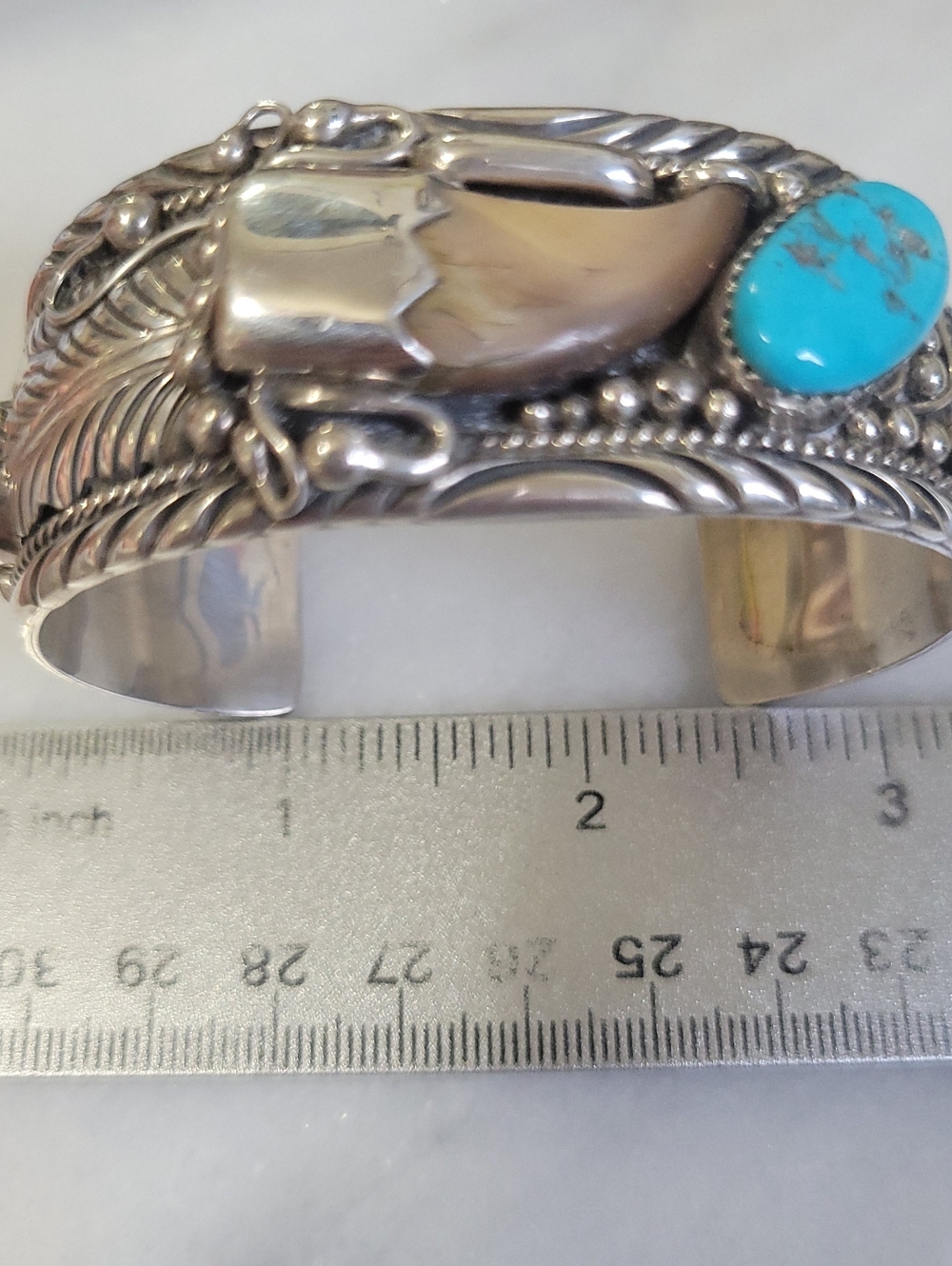 Sterling Silver,Natural Turquoise, Rare Bearclaw "TedJoe" Navajo Cuff Bracelet - Picture 12 of 12